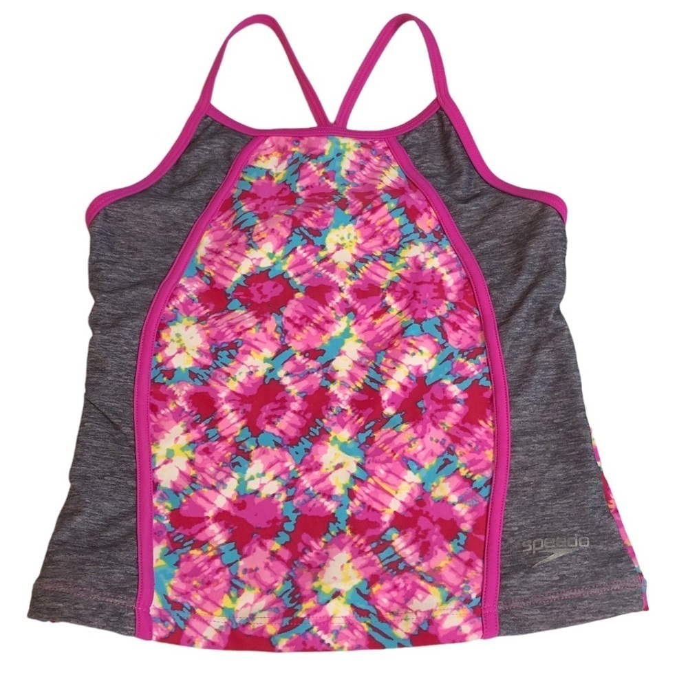 Girls Speedo Swim Top Grey Pink Tie Dye EUC Tankini Bikini​​​​
